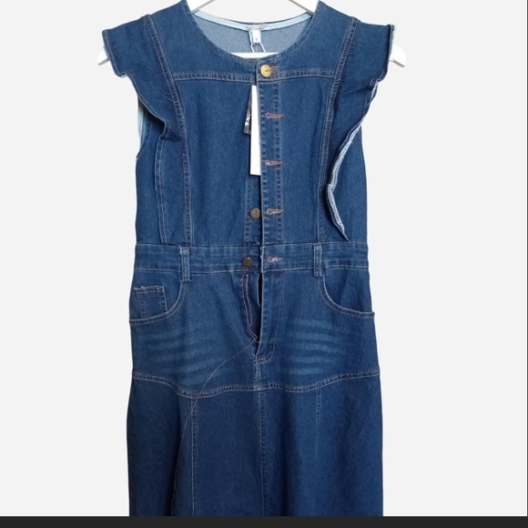 Denim Sleeveless Dress with Ruffle Detail - Picture 1 of 3